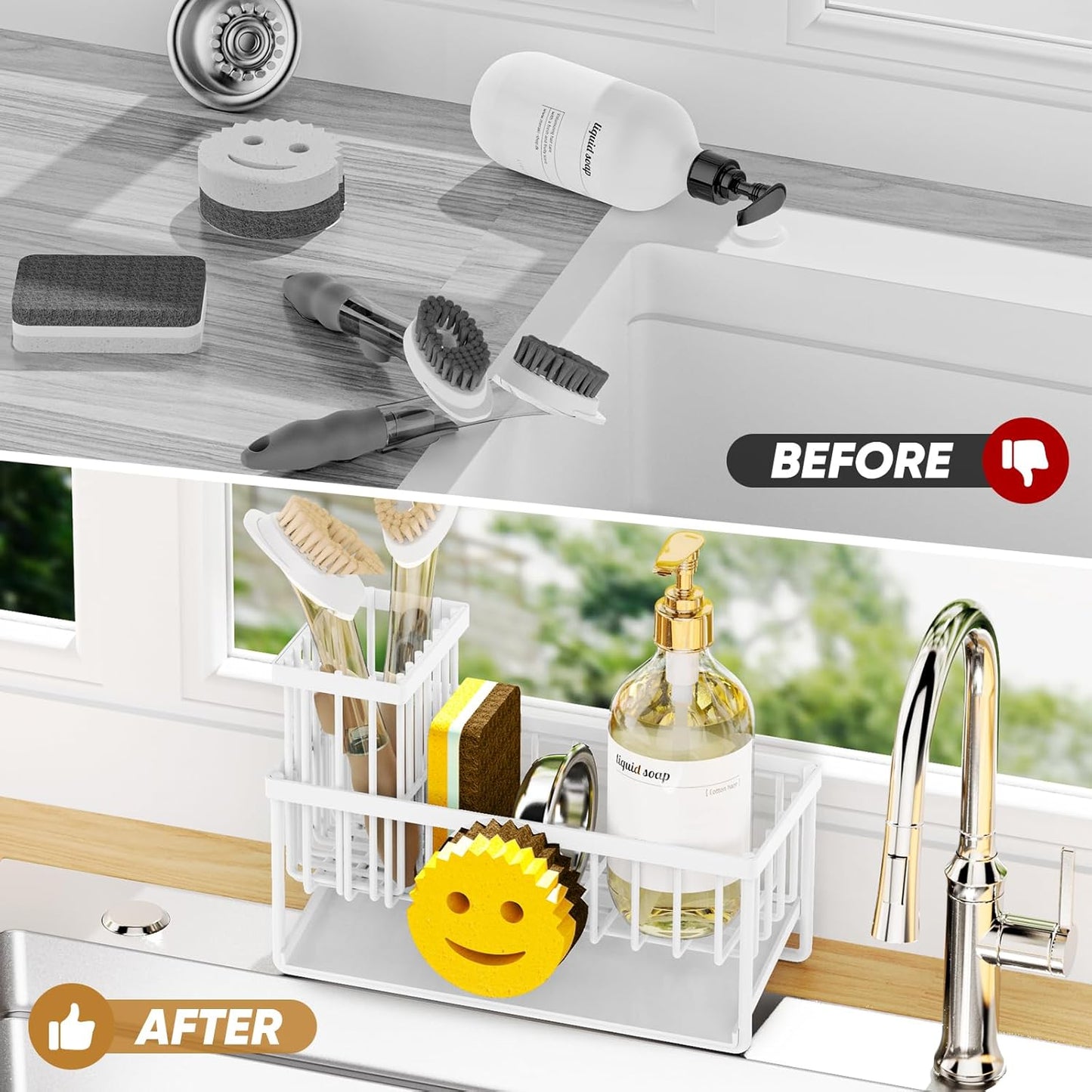 Sponge Holder for Kitchen Sink,Smiley Face Sink Caddy with Removable Brush Holder,Self-Draining Sponge Caddy for Soap,Dish Brush,Scrubber,Kitchen Essentials and Gadgets-Silver
