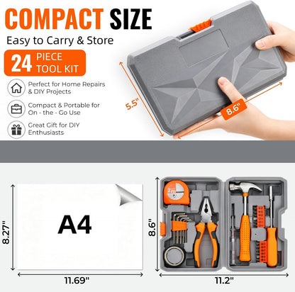 24 Pieces Small Home DIY Tool Kit for Household | Portable Home Hand Tool Box for Women, General Repair Basic Tools Kit Simple DIY Screwdriver Hammer Set for Garage, Office