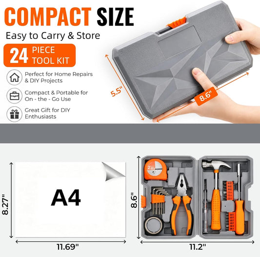 24 Pieces Small Home DIY Tool Kit for Household | Portable Home Hand Tool Box for Women, General Repair Basic Tools Kit Simple DIY Screwdriver Hammer Set for Garage, Office