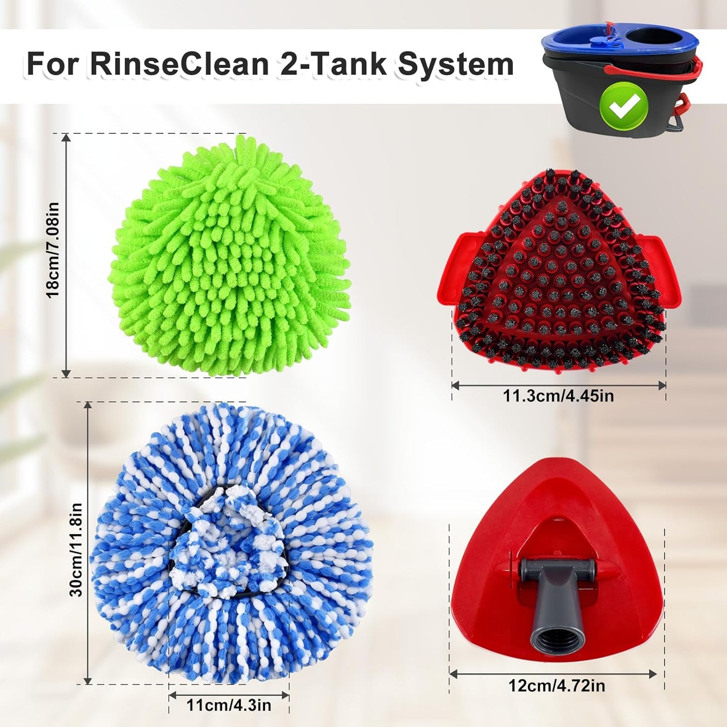 Mop Head Replacement for O Cedar, Spin Mop Replacement Head for Ocedar Easywring 1 Tank System, Mop Heads Includeds 4 Mop Replacement Heads , 1 Spin Scrub Brush & 1 Base