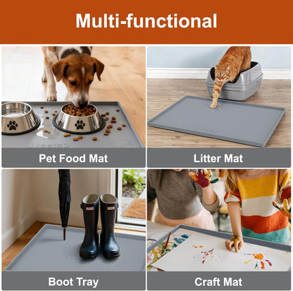 ukeetap Extra Thick Silicone Mat Waterproof with Raised Edge 19” x 12”, BPA Free Non-Slip Dog & Cat Food Mat, Feeding Mat for Food and Water Bowls, Spill Proof Mat to Protect Floors, Black