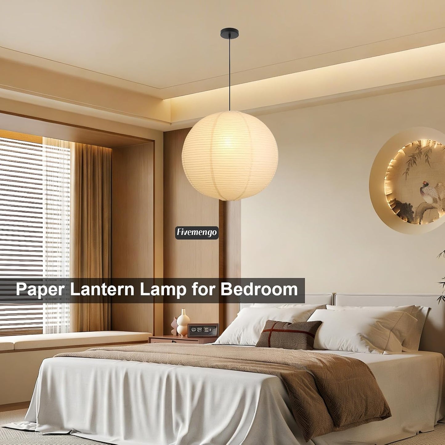 Large Rice Paper Pendant Light Kit, 20in White Globe Paper Lantern Lights, E26 Base, Japanese Hanging Lantern Lamp Japandi Chandelier for Dining Room Bedroom Office Living Room