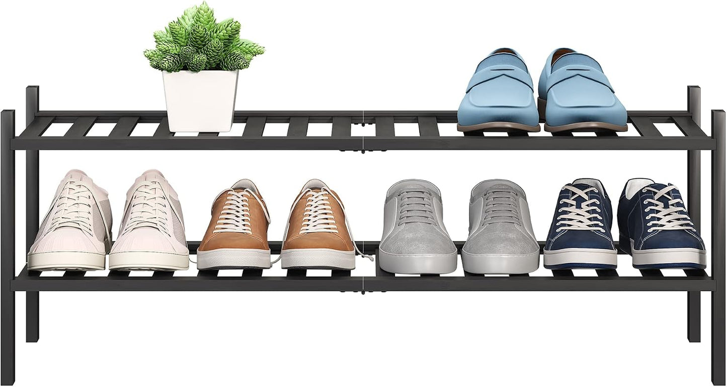BMOSU 2-Tier Bamboo Small Shoe Rack Premium Stackable Shoe Shelf Storage Organizer for Hallway Closet Living Room Entryway Organizer (Black Bamboo)