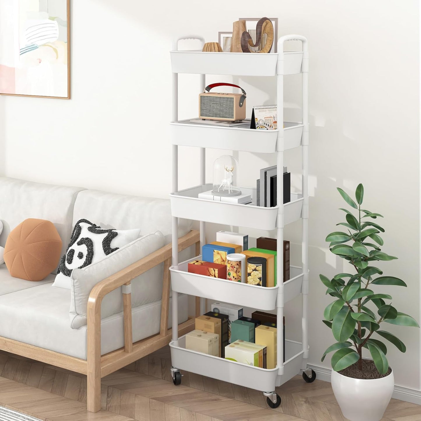 Sywhitta 4-Tier Plastic Rolling Utility Cart with Handle, Multi-Functional Storage Trolley for Office, Living Room, Kitchen, Movable Storage Organizer with Wheels, Black