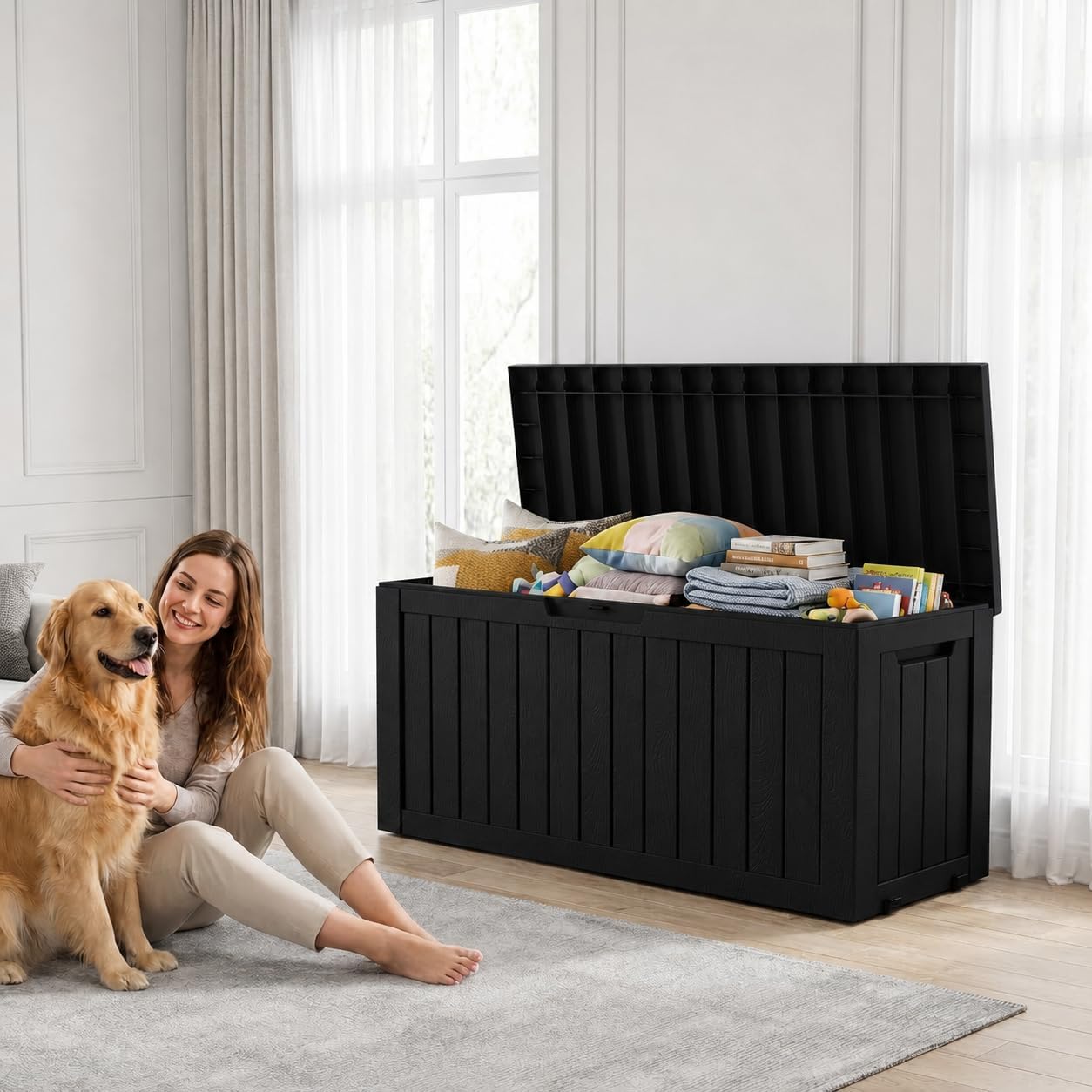 LAUSAINT HOME 320 Gallon Resin Deck Box, Package Delivery Box with Lockable Lid, Waterproof Outdoor Storage Box For Garden Tools, Patio Cushions(320 Gallon,Black)