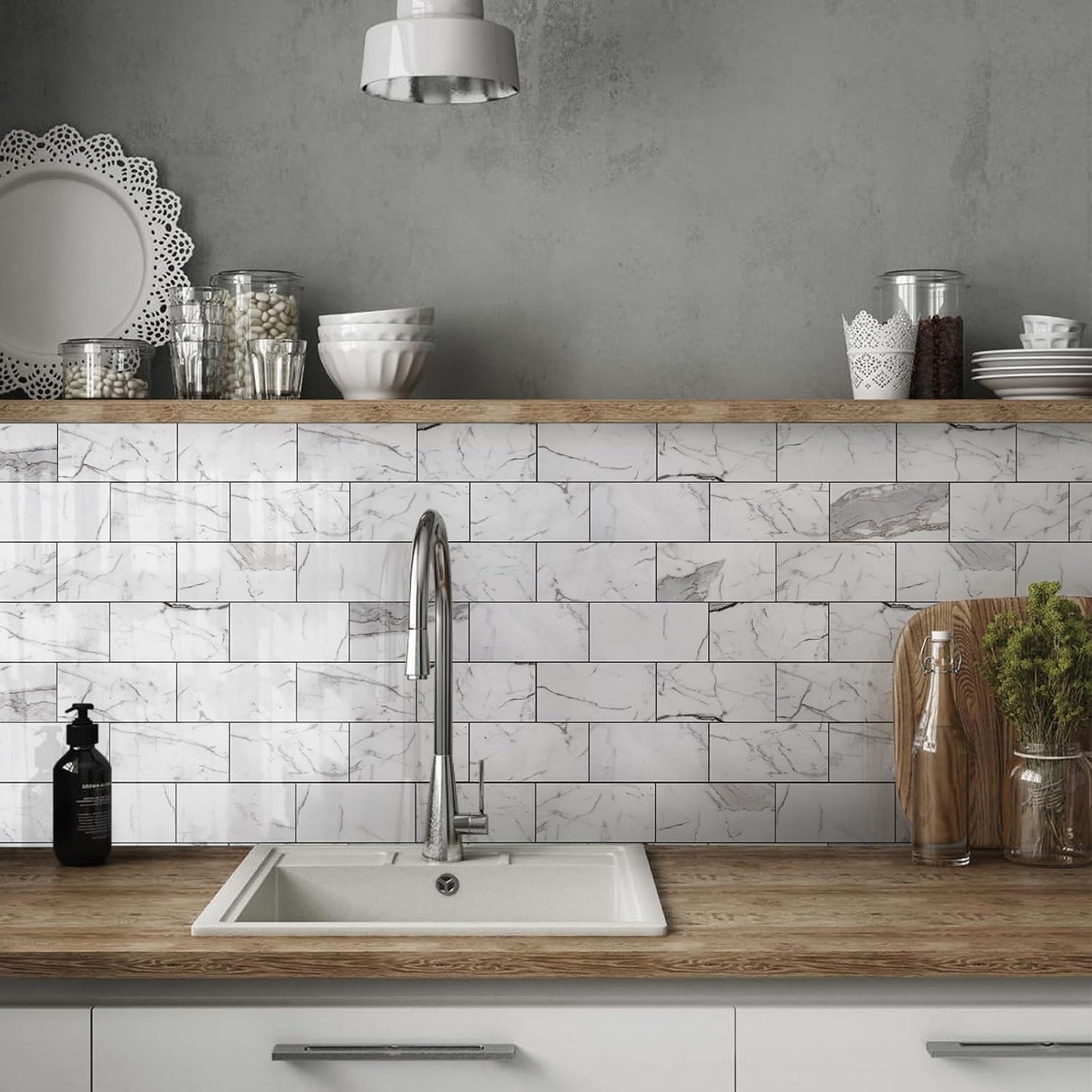 Vamos Tile 100-Piece Glossy Dolomite White Peel and Stick Backsplash Tile,3''x6'' PVC Subway Tile with White Grout, Stick on Backsplash for Kitchen/Bathroom/Fireplace