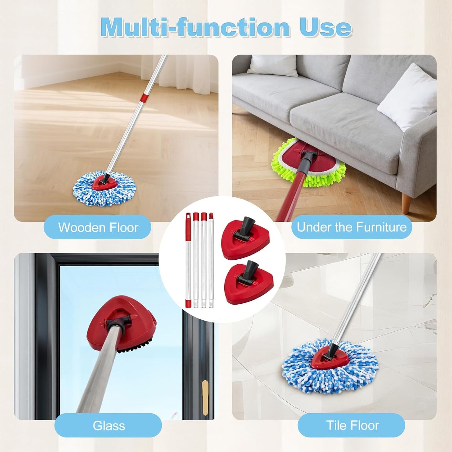 Mop Heads for O Cedar RinseClean 2 Tank Spin Mop System, 3 Microfiber Mop Head Refills and 3 Chenille Mop Pads,1 Scrub Brush, and 1 Mop Base with Mop Handle Set Combo