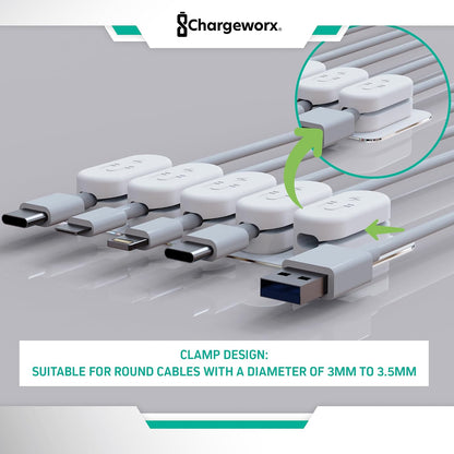 Chargeworx Magnetic Cable Clips - Cord Holder Organizer, No Drill Self-Adhesive Base, Cable Organizer, Repositionable Magnetic Clips, 5-Pack, USB-C Lightning Micro-USB, Desk Nightstand Wall Car, Black
