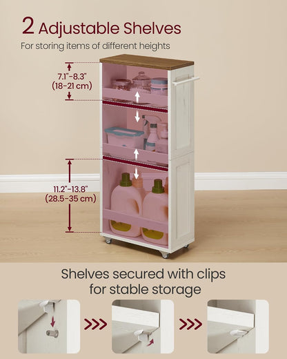 VASAGLE 4-Tier Slide-Out Storage Cart, Slim Kitchen Cart for Small Spaces, with Wheels, Handle, Bathroom, Laundry Room, 5.9 x 17 x 34.1 Inches, Rustic White and Honey Brown ULRC050K01