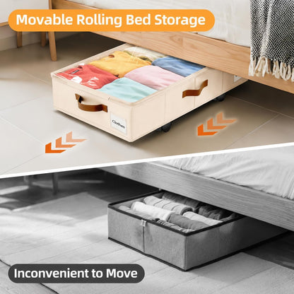 Under Bed Storage with Wheels,Underbed Storage with Sturdy Sidewalls/Bottom, Clear Cover, Label and PU Handle, Rolling Under Bed Drawers for Clothes, Shoes, 6.5 Inch Height,Black, 2 Pack