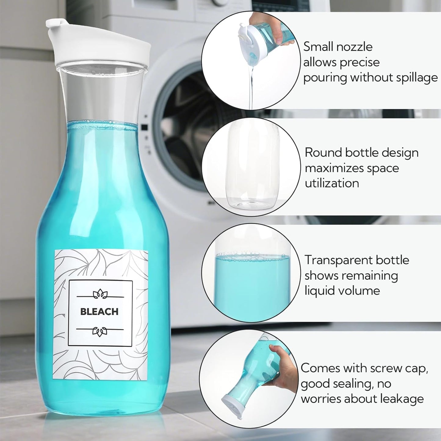 VZZNN 4 Pack Laundry Bottles 53oz Plastic Liquid Detergent Dispenser with 20 Label Laundry Room Organization for Liquid Powder Bleach Scent Booster Beads Soap Fabric Softener