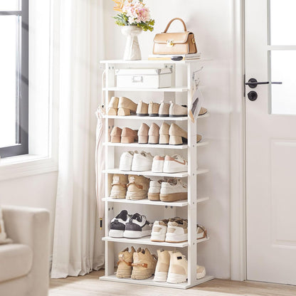 HOOBRO 8 Tiers Vertical Shoe Rack, Wooden Shoe Storage Organizer with Hooks, Narrow Shoe Tower for 8 Pairs, Space Saving, for Entryway, Living Room, Bedroom, Rustic Brown BF07XJ01G1