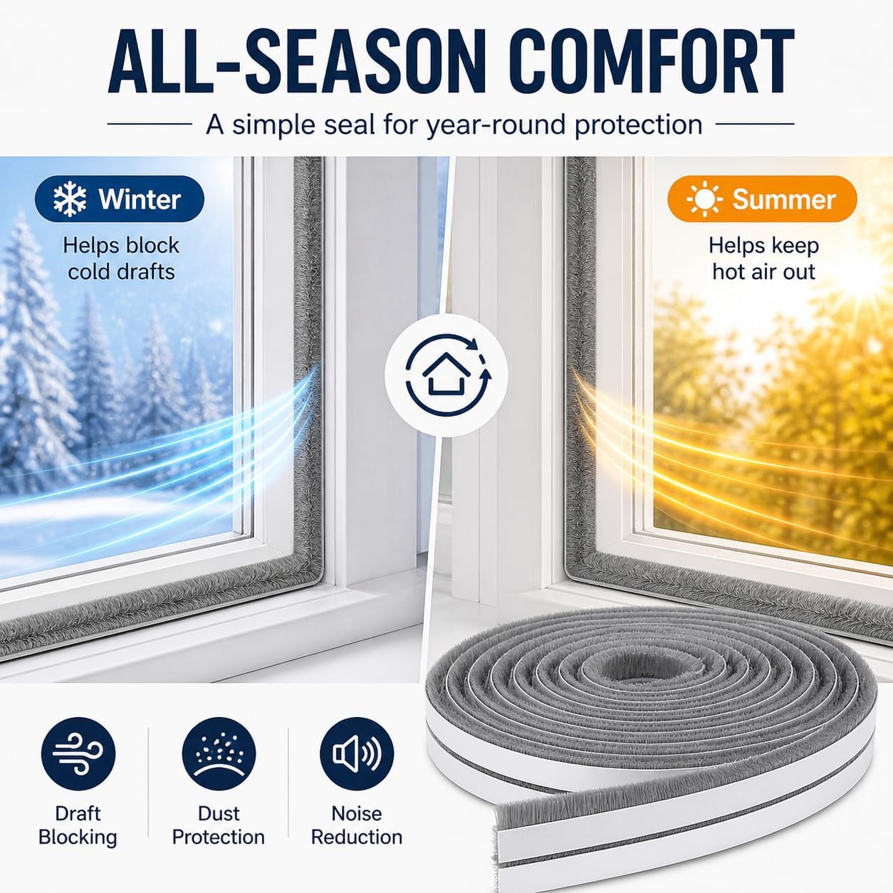 Self-Adhesive Door Draft Stopper & Weather Stripping Door Seal – Gray, 33 Ft x 0.35" Wide x 0.35" Thick Foam Seal Strip – Draft Blocker, Noise Reduction, Insulation