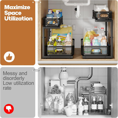 2 Pack Under Sink Organizer With Smooth Cylindrical Rail,2-Tier Pull Out Multi-Purpose Cabinet Storage for Bathroom&Kitchen,Height Adjustable,Rust-resistant Coating-White