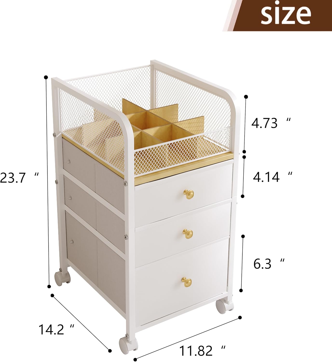 Rolling Makeup Organizer Cart with 3 Drawers, Under Desk Vanity Makeup Storage Cart, Bathroom Storage Cart Cosmetic Display Cases Cabinet for Nail Polish, Brushes & Hair Tools, Gold
