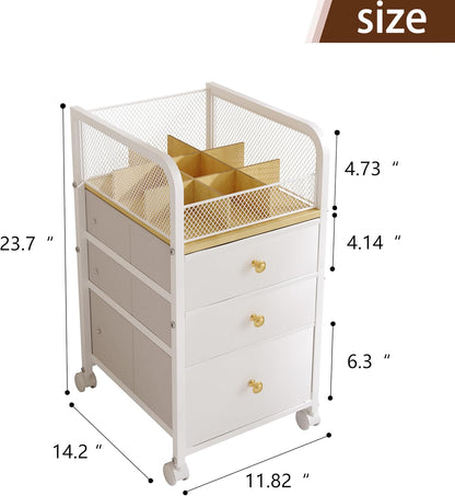 Rolling Makeup Organizer Cart with 3 Drawers, Under Desk Vanity Makeup Storage Cart, Bathroom Storage Cart Cosmetic Display Cases Cabinet for Nail Polish, Brushes & Hair Tools, Gold