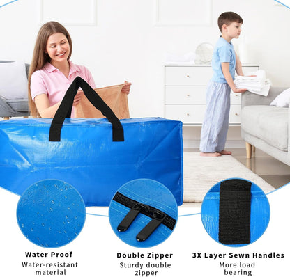 Heavy Duty Extra Large Blue Moving Bags with Strong Zipper Backpack Handles | 4 Pack Clothes Storage Bags Totes Space Saving Moving Boxes Bins Packing Bags for College Dorm Compatible with Ikea Frakta