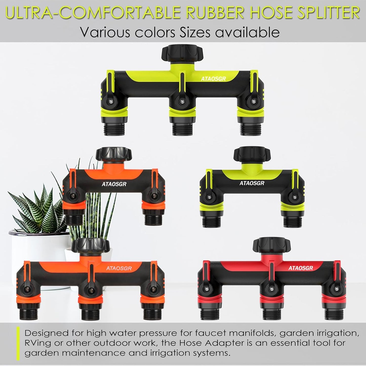 ATAOSGRGarden Hose Splitter 3 Way, 3/4" Outdoor Faucet Splitter, Tap Connector with On/Off Valves and Extended Handle, Tap Adapter Garden Hose Connector for Garden Outdoor Home - Greens