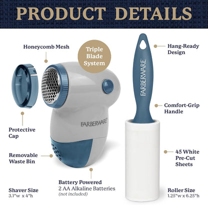 Farberware Fabric Shaver & Lint Remover Set–Battery Operated Sweater Shaver with Triple Blades and Extra Sticky Roller for Pet Hair, Fuzz & Pilling on Clothes, Upholstery & Bedding (Gray/Blue, Small)