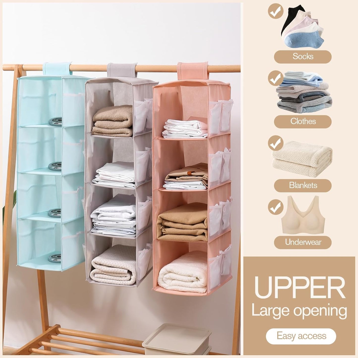 Hanging Closet Organizer, 4-Section Storage Shelves, Oxford Cloth with Mesh Pockets, (Gray, 4 Section)