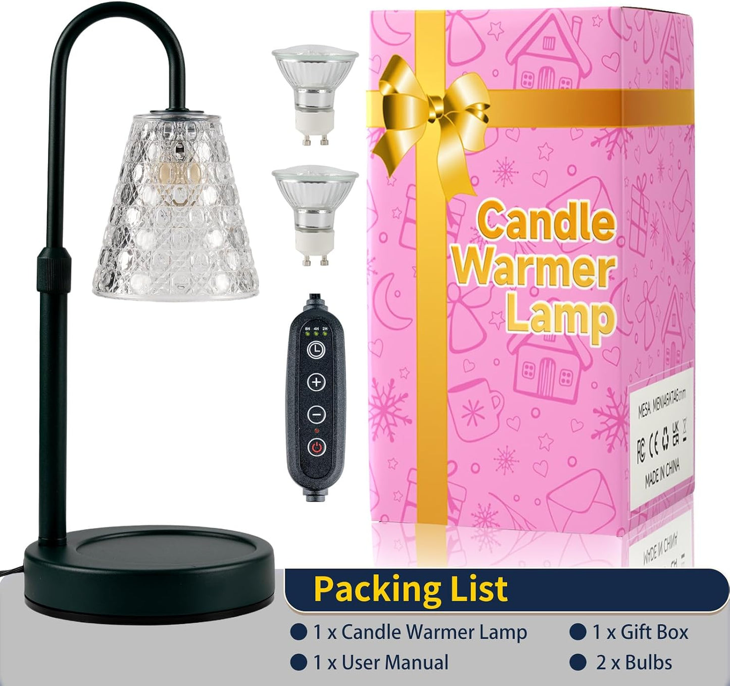 Candle Warmer Lamp with Timer Dimmable, Birthday Gifts for Women Mom, House Warming Gifts New Home Decor, Wax Melt Warmer for Jar Candles with 2 Bulbs, Black