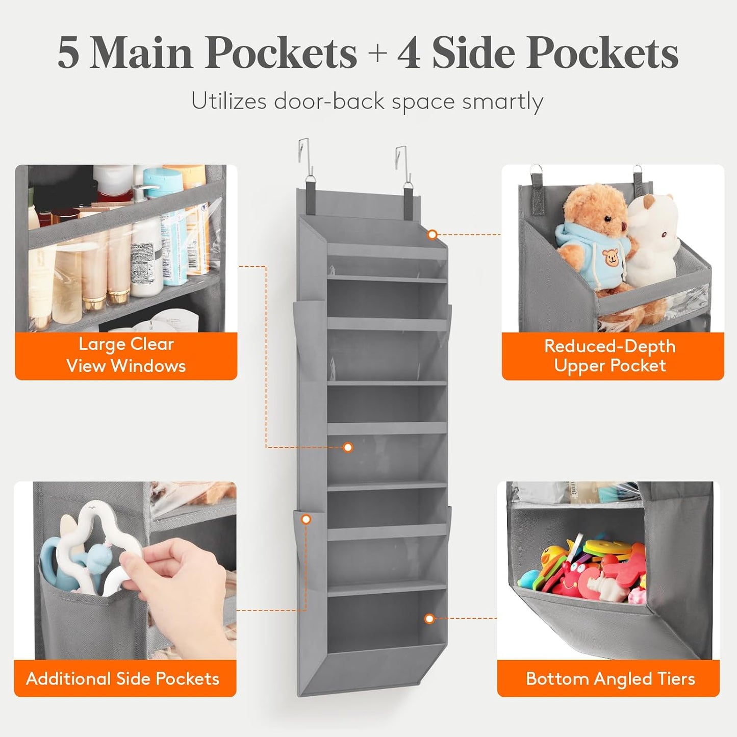 Lifewit 1 Pack Over the Door Organizer, 5 Section Clear Window Hanging Storage with 4 Side Pockets, Sturdy Anti Tilt 40 lbs Load Behind Door for Closet, Bedroom, Bathroom, Nursery, Dorm, Dark Gray