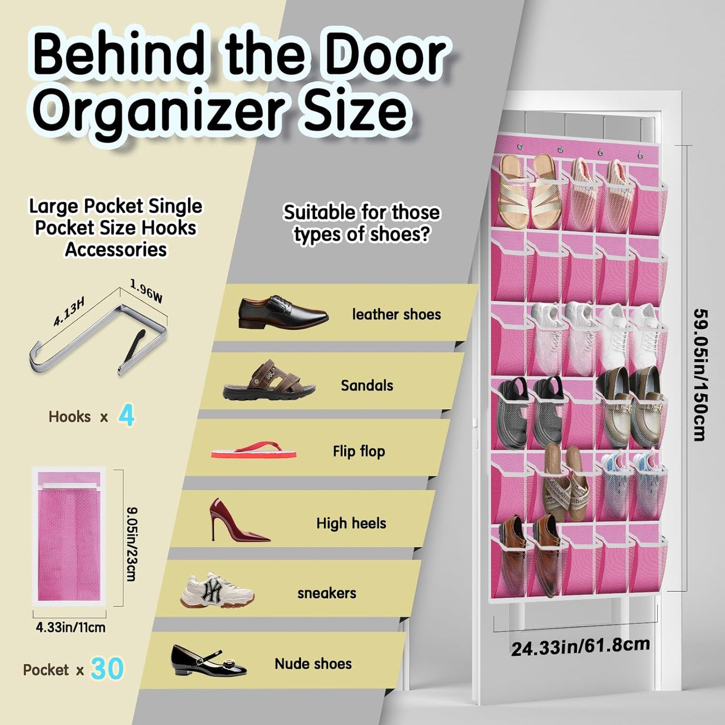 Kotkn Over the Door Shoe Organizer with 30 Breathable Mesh Pockets - Large Capacity Closet Storage for Men & Women, Hanging Shoe Rack Organizer (Gray)