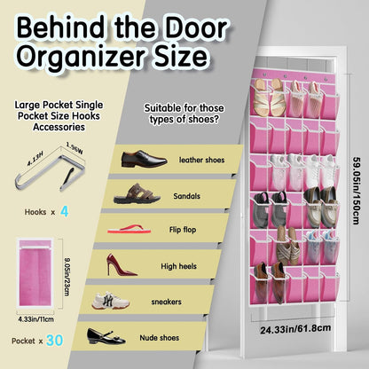 Kotkn Over the Door Shoe Organizer with 30 Breathable Mesh Pockets - Large Capacity Closet Storage for Men & Women, Hanging Shoe Rack Organizer (Gray)