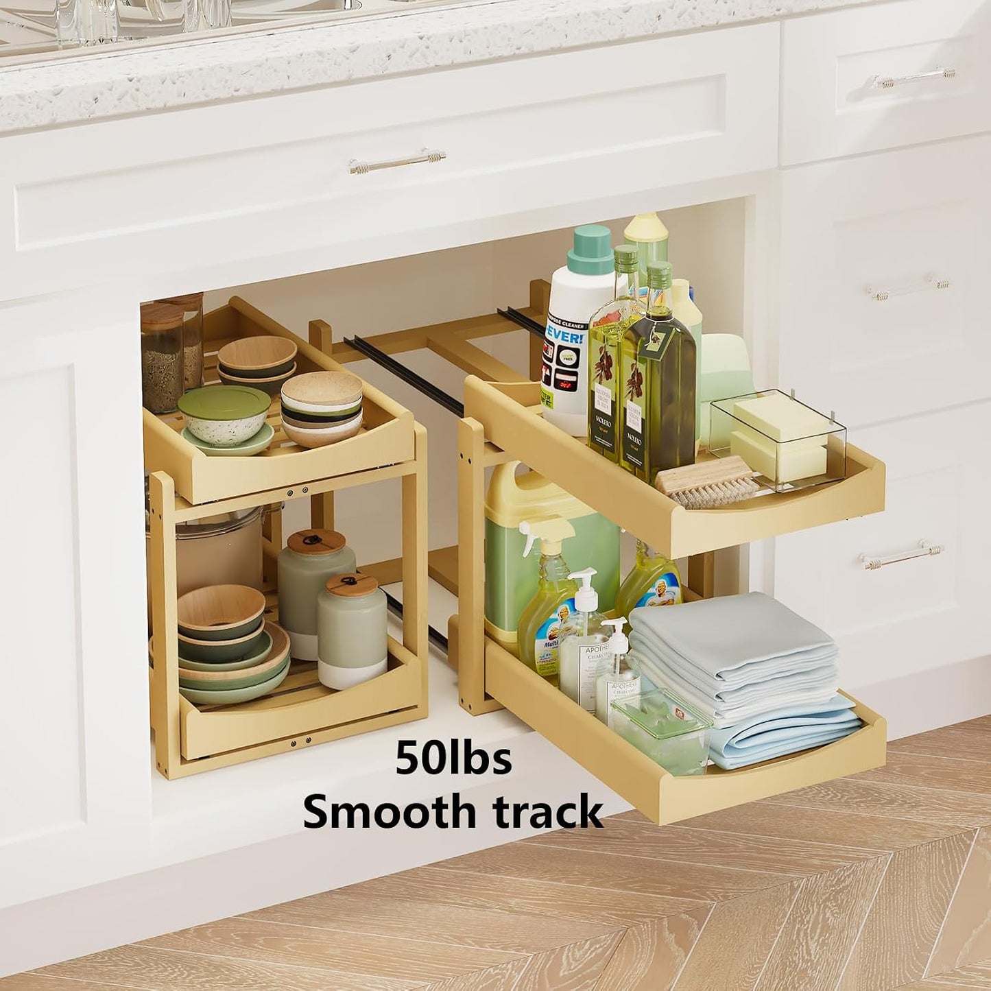 Bamboo Under Sink Organizer Adjustable Height 2 Tier Bathroom Organizer Pull Out Cabinet Storage Kitchen Heave Duty Wood Slide Ou Shelf for Kitchen Bathroom (Black, 2 Packs) (Black, 2 Pack)