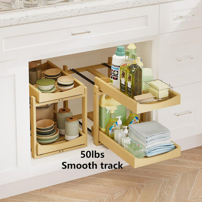 Bamboo Under Sink Organizer Adjustable Height 2 Tier Bathroom Organizer Pull Out Cabinet Storage Kitchen Heave Duty Wood Slide Ou Shelf for Kitchen Bathroom (Black, 2 Packs) (Black, 2 Pack)