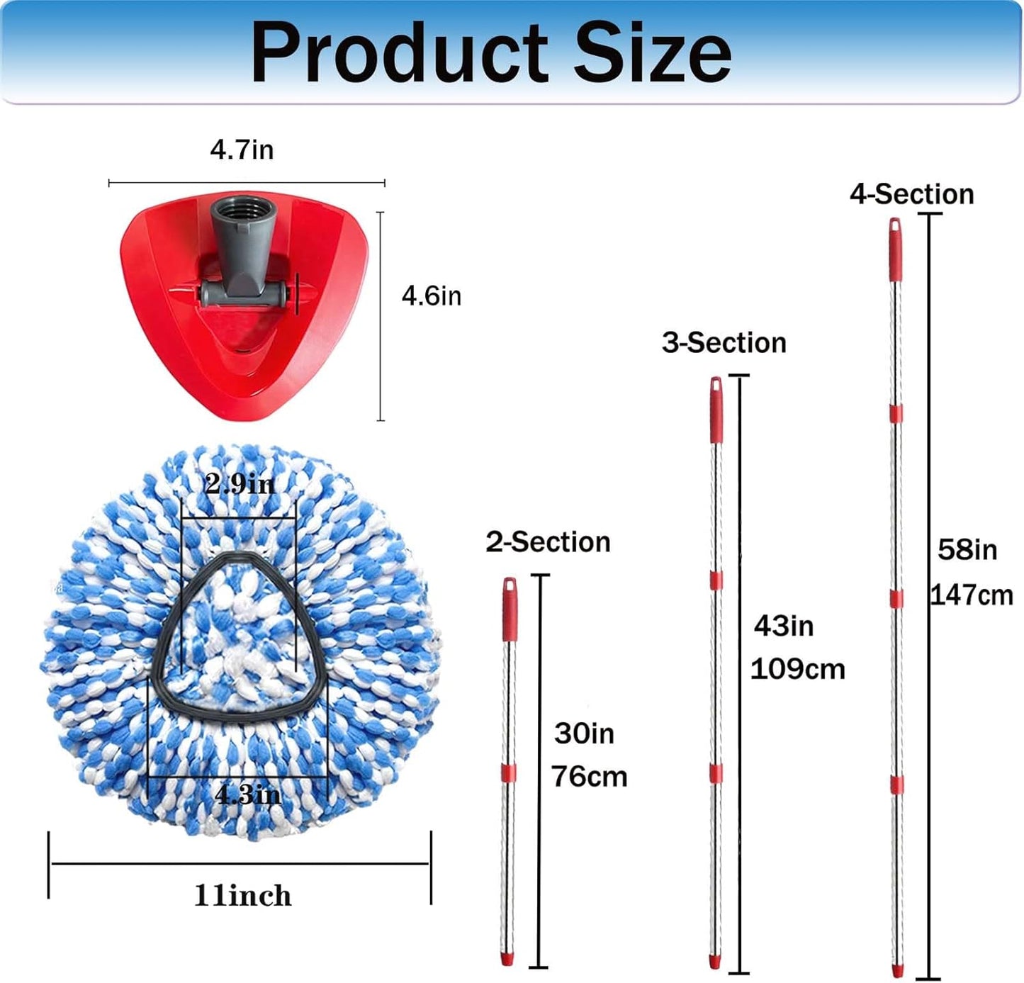 Spin Mop Replace Heads for O Cedar Rinse Clean 2 Tank System, Spin Mop Replacement Head 2 Microfiber Mop Refills, 1 Triangle Head Cover and 30-58in Handle 1 1Scrub Brush