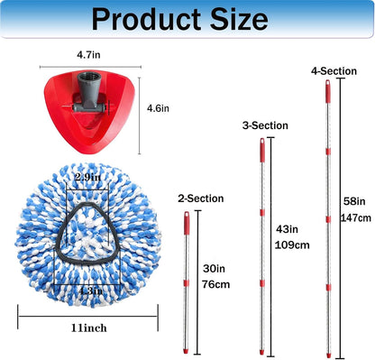 Spin Mop Replace Heads for O Cedar Rinse Clean 2 Tank System, Spin Mop Replacement Head 2 Microfiber Mop Refills, 1 Triangle Head Cover and 30-58in Handle 1 1Scrub Brush