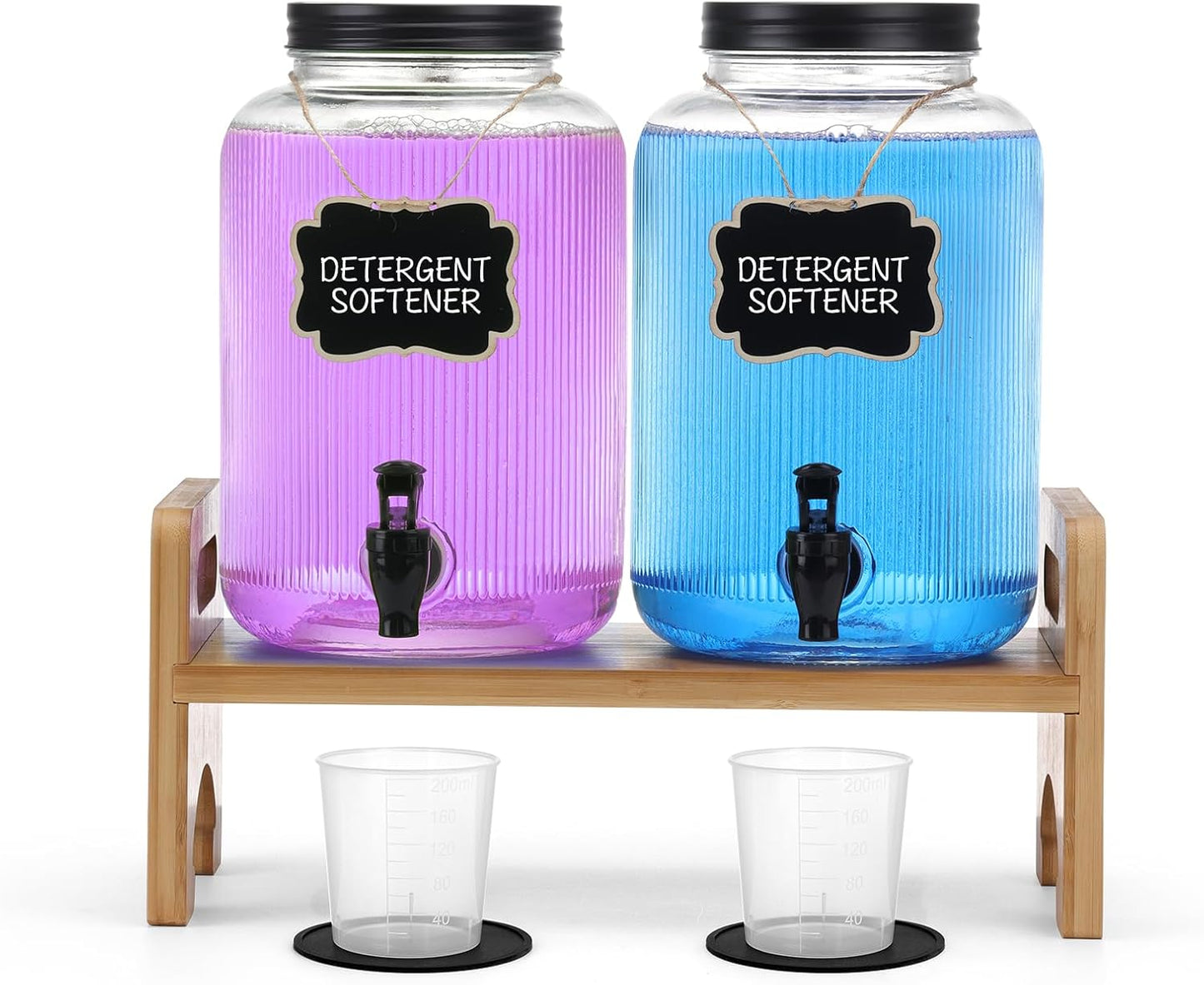 2-Pack Laundry Detergent Dispenser with Bamboo Stand，1 Gallon Laundry Soap Dispenser with Measuring Cup，Glass Laundry Detergent Containr for Laundry Room Organization and Storage