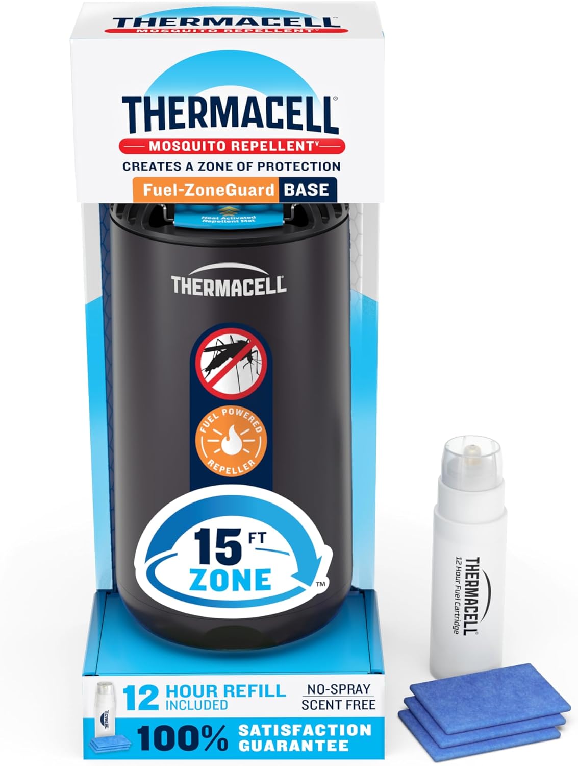 Thermacell Fuel-ZoneGuard Base Fuel Powered Mosquito Repeller; 15-Foot Zone of Scientifically Proven Outdoor Protection; Patio Shield; 12-Hr Refill; DEET-Free; Bug Spray Alternative; Glacial Blue