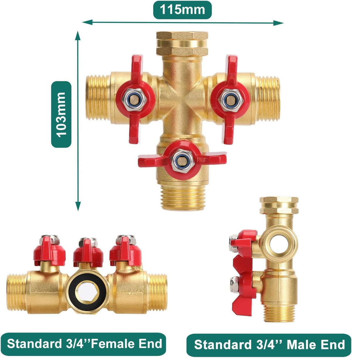 BoArt Brass Garden Hose Splitter 2 Way Heavy Duty, Y Valve Hose Splitter With Stainless Steel Long Handle, 3/4" GHT Thread Y Valve Water Garden Hose Tap Adapter