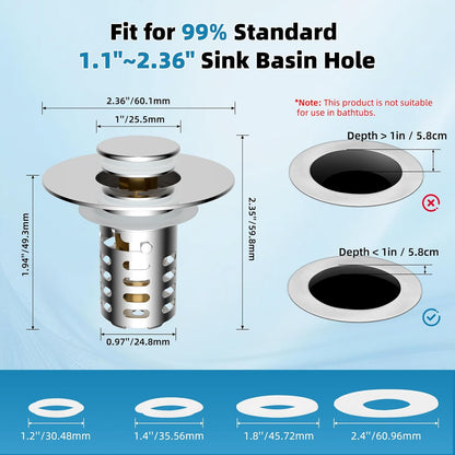 Universal Metal Bathroom Sink Drain Strainer Hair Catcher Upgraded 3 in 1 Pop-up Sink Stopper, with Detachable Stainless Steel Filter Basket, Fit for Standard 1.1''~2.36'' Basin Hole, Brushed Nickle
