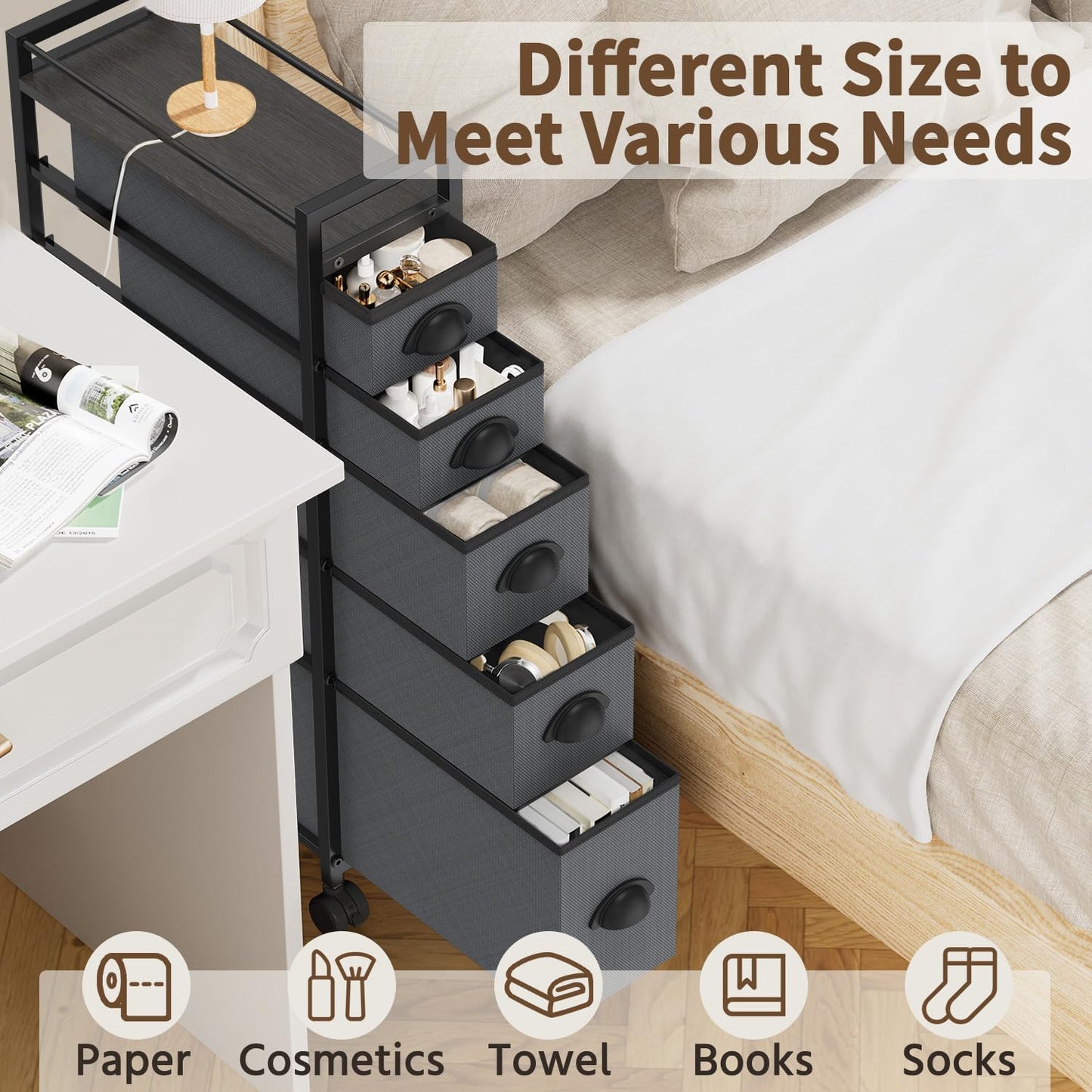LASZOLA 5 Drawer Narrow Dresser Slim Cabinet Skinny Storage Tower Chest, Ideal for Small Spaces Bathroom, Between Washer and Dryer, Lightweight Mobile on Wheels, Sturdy Fabric Drawers, Black