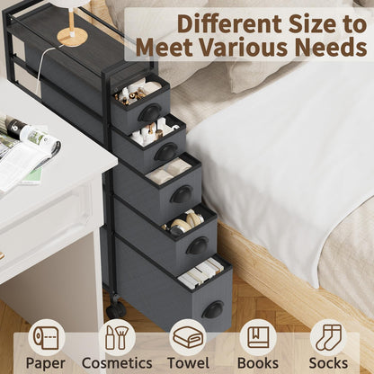 LASZOLA 5 Drawer Narrow Dresser Slim Cabinet Skinny Storage Tower Chest, Ideal for Small Spaces Bathroom, Between Washer and Dryer, Lightweight Mobile on Wheels, Sturdy Fabric Drawers, Black