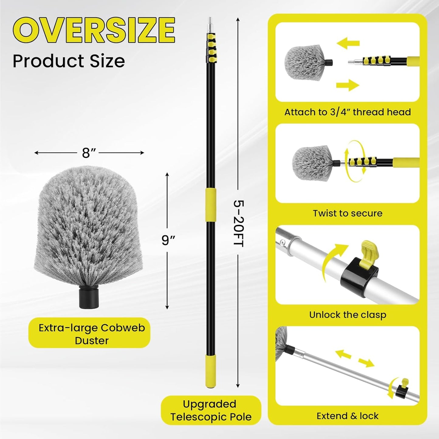 26FT High Reach Cobweb Duster with Extension Pole, Spider Web Brush for Cleaning with 5-20FT Telescopic Pole, 8" Larger Extendable Duster for High Indoor & Outdoor Webs