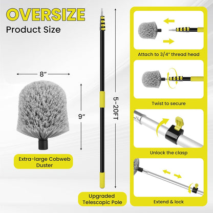 26FT High Reach Cobweb Duster with Extension Pole, Spider Web Brush for Cleaning with 5-20FT Telescopic Pole, 8" Larger Extendable Duster for High Indoor & Outdoor Webs