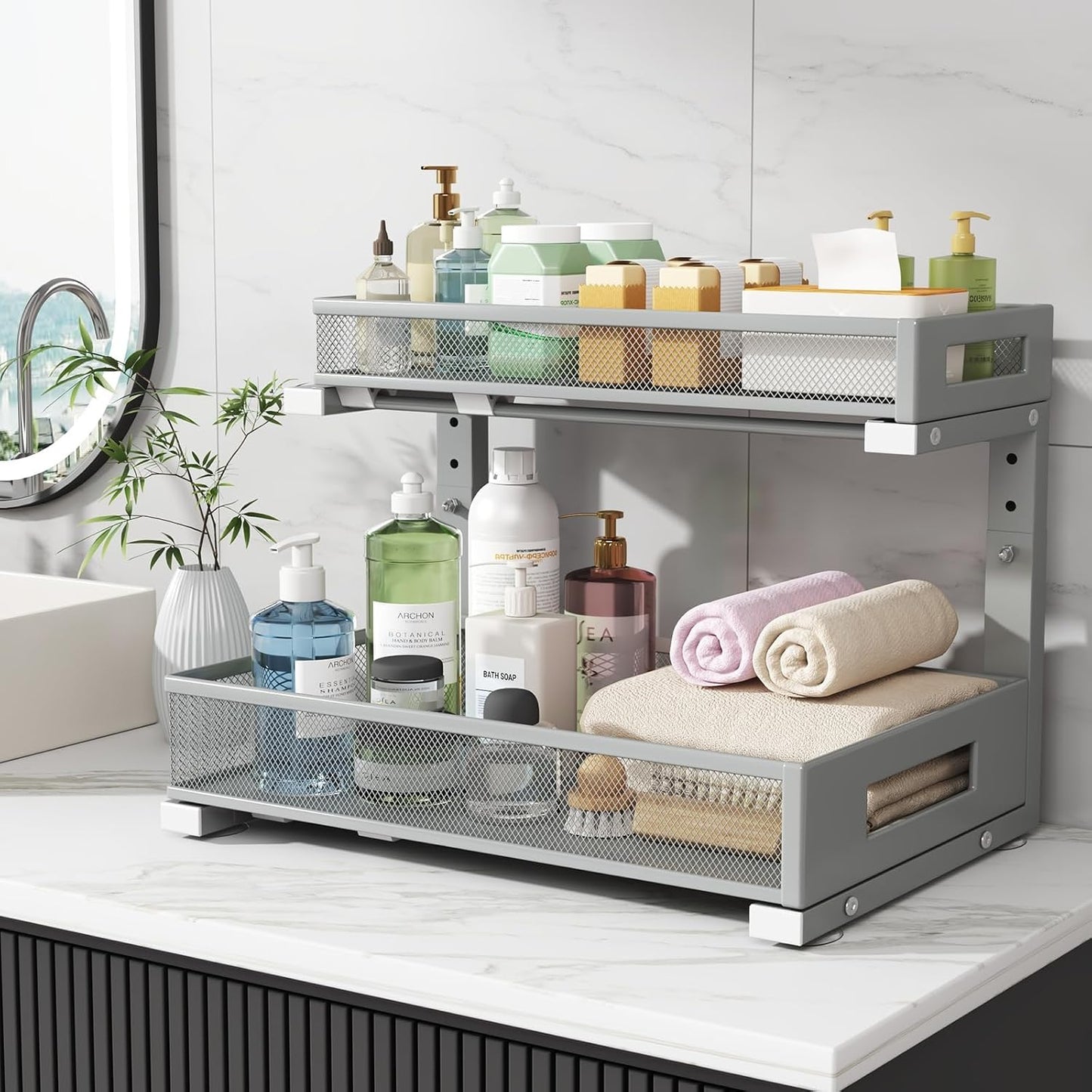 2-Pack Under Sink Storage Organizer, Large 2-Tier Elegant Mesh Pull Out Shelf for Kitchen and Bathroom Cabinet Organization, L-Shaped and Adjustable Height Design,Patent Pending-Black