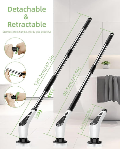 6-in-1 Cordless Electric Spin Scrubber with Long Handle | Power scrubber, bathroom scrubber, 47.2 in long handle, 2 speed scrub brush, IPX7 rated body, kitchen, tile, tub, floor