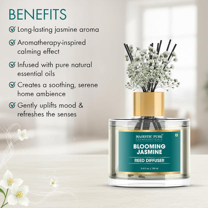 Majestic Pure Blooming Jasmine Reed Diffuser for Home, Bathroom & Office | Natural Aromatherapy Air Freshener & Room Fragrance, with Reed Sticks & Dried Flowers 3.4 fl oz