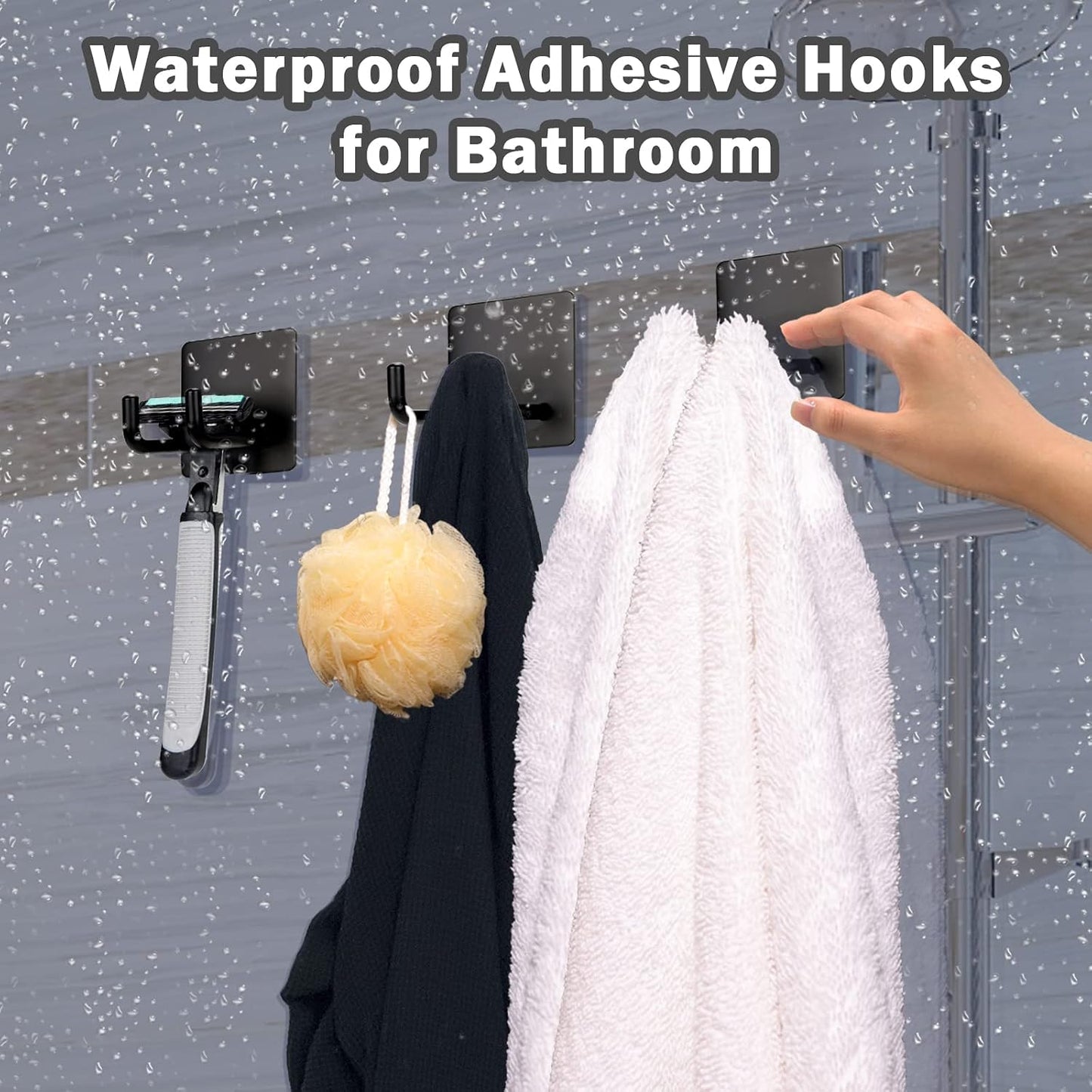 Adhesive Hooks Heavy Duty, Long Stainless Steel Self Adhesive Wall Hook, Sticky Towel Hangers for Kitchen Bathroom, Waterproof Stick on Door Hooks for Hanging Key Hat Coat 4Pack(Black)