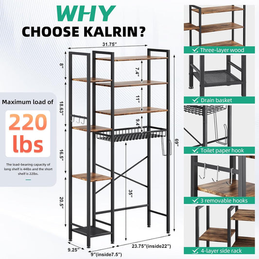 Kalrin 8-Tier Over The Toilet Storage with Side Rack, Over Toilet Storage Rack with Adjustable Shelf & Drain Basket, Freestanding Bathroom Organizer for Balcony, Laundry (Vintage Brown)