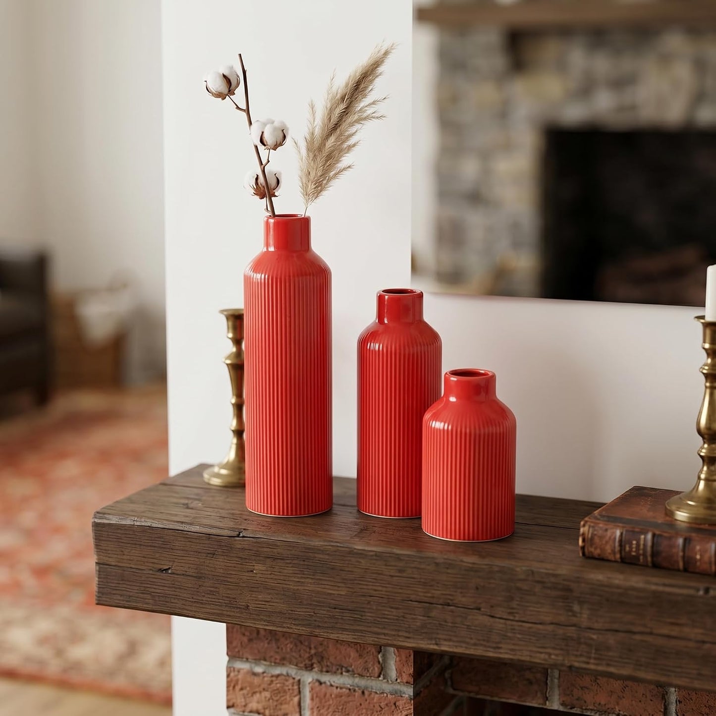 Brown Ceramic Vase Set of 3 - Rustic Farmhouse Vases for Centerpieces Small Modern Decorative Vase for Flower Kitchen Bathroom Bedroom Living Room Shelf Home Decor