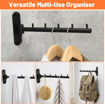 2-Pack Folding Wall Mounted Clothes Hanger Rack, 180° Swing Arm Space Saving Drying Rack, Heavy Duty Stainless Steel Hook for Laundry Room, Bathroom, Closet - Black