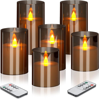 wemarry Flameless Candles 4" 5" 6" Acrylic Glass Pillars 3" Diameter Battery Operated Flickering Candles Include 8-Key Remote with Timer Function 400+ Hours (Amber, Warm Light 3 Pack)