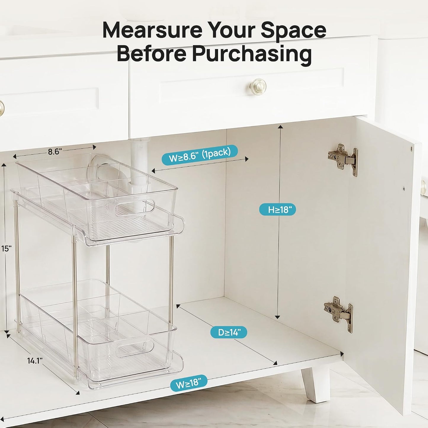 Vtopmart 2 Tier Bathroom Storage Organizer, 2 Pack Clear Under Sink Organizers Vanity Counter Container, Cabinet Drawers Bins, Pull-Out Organization with Track for Pantry, Kitchen