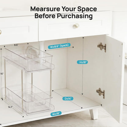Vtopmart 2 Tier Bathroom Storage Organizer, 2 Pack Clear Under Sink Organizers Vanity Counter Container, Cabinet Drawers Bins, Pull-Out Organization with Track for Pantry, Kitchen